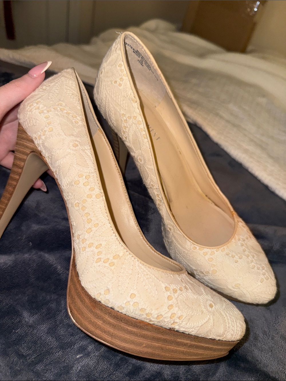 Nine West Cream Lace Platform Pumps